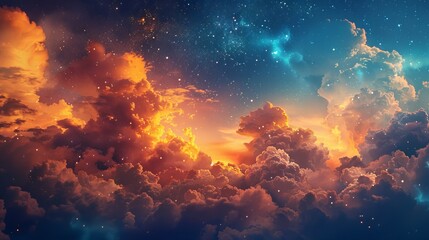 Cinematic and realistic fantasy sky featuring fluffy, glowing clouds under stars