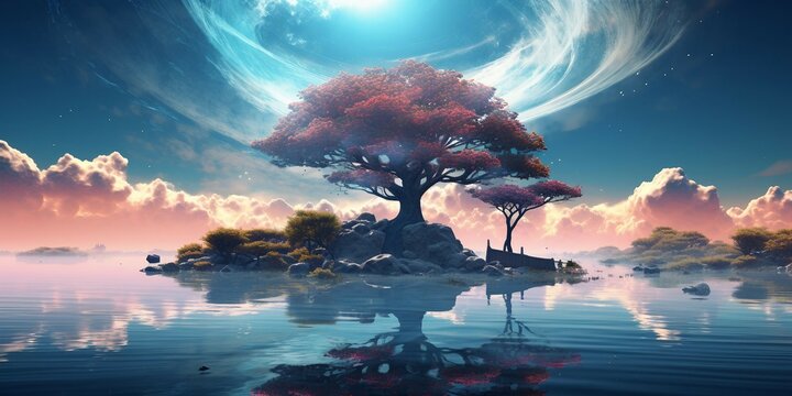 Fantasy landscape with lonely tree. 3d illustration. Elements of this image furnished by NASA