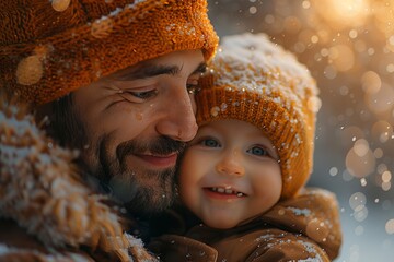 Father and child in glowing bokeh, warm glow. close-up of a tender moment of mutual admiration and love.
Concept: fatherhood and family values, parental care, products for children and family service