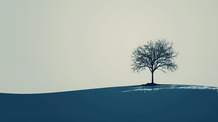 A stark silhouette of a leafless tree on a rounded hill against a muted sky, simplicity of the composition with empty space for text, intricate network of branches of the tree. Gen AI