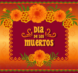 Obraz premium Day of the Dead, Mexican holiday, Dia de los muertos festival. Poster, banner or card with marigold flowers on a golden background.Vector illustration.