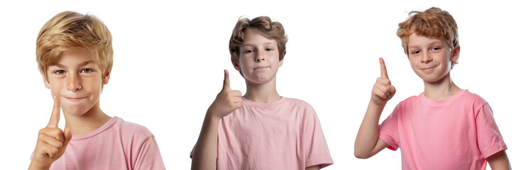 Portrait Collection of young white boy in pink shirt with pointing finger hand pose isolated on a white background as transparent PNG
