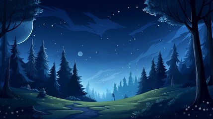 Fototapeta na wymiar Night forest landscape with moon and starry sky. Vector illustration.