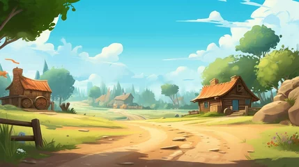 Gartenposter cartoon scene with rural landscape and old wooden house illustration for children © Digital Waves