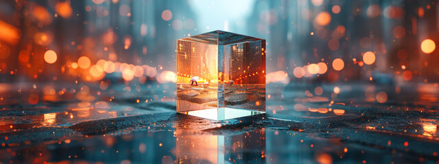 A glass cube with a reflection of a blurred city lights in it on a reflective surface with a blurry background.