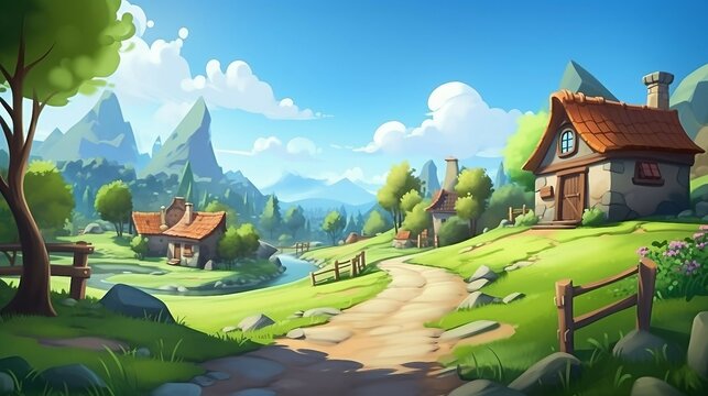 Cartoon landscape with village, river and mountains - illustration for children
