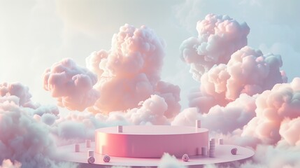 Background with pink podium. The sky platform with pastel clouds. Generated by artificial...