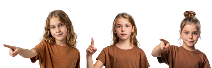 Portrait Collection of young white girl in brown shirt with pointing finger hand pose isolated on a white background as transparent PNG

