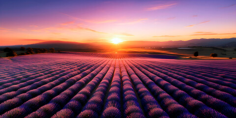 Lavender field at sunset with clouds in the sky.