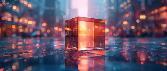 A glass cube with a reflection of a blurred city lights in it on a reflective surface with a blurry background. - obrazy, fototapety, plakaty