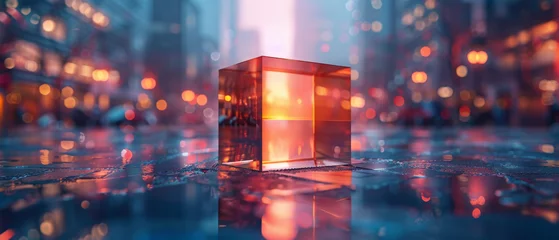 Poster A glass cube with a reflection of a blurred city lights in it on a reflective surface with a blurry background. © Valeriy