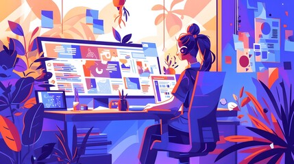 Illustration of a person working hard in front of the computer. Depict a full of tasks environment.