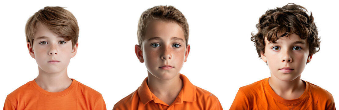 Portrait Collection of young boy with orange shirt with a serene face isolated on a white background as transparent PNG
