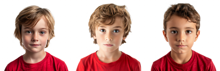 Portrait Collection of Portrait of young boy with red shirt with a curious face isolated on a white background as transparent PNG
