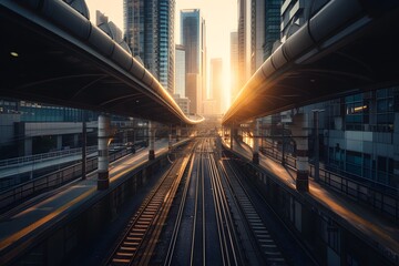 Fototapeta premium A train station with train tracks and buildings in the background