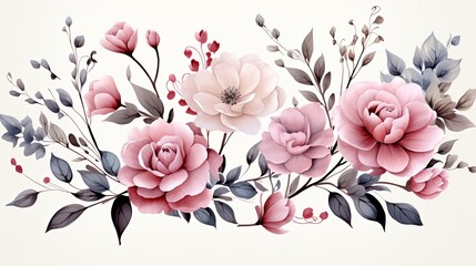 Watercolor flower bouquets clipart illustration and rose floral branch with green leaves for greeting card or wedding invitation card on white background