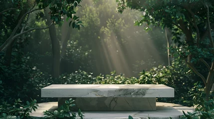 Poster White stone podium in the forest, ethereal foliage, pictorial space, coffee branches, and coffee cherries on both sides, dark green and beige. Generated by artificial intelligence. © Ailee Tian