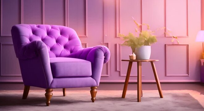 purple armchair in a room with a lamp