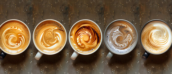 five top-down views of coffee cups, each with a unique pattern formed by the mix of coffee and cream.