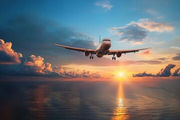 Fototapeta na wymiar Airplane flying above tropical sea at sunset. generative ai.