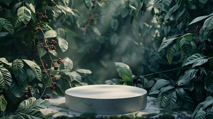 White stone podium in the forest, ethereal foliage, pictorial space, coffee branches, and coffee cherries on both sides, dark green and beige. Generated by artificial intelligence.