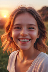 Sunset Bliss: A girl basks in the warm glow of a sunset, her smile radiating pure joy and serenity. generative AI