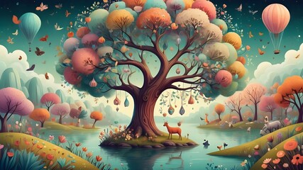 Ethereal Beauty of Fantasy. Whimsical illustration of a Dreamy floating tree, rich background, whimsical animals, flowers, and landscapes. Smoke Amidst the Vibrant Foliage of a Surreal Tree - obrazy, fototapety, plakaty