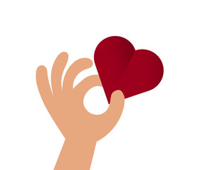 Human hand holding red origami heart. Charity, donation, volunteer work, sharing love concept. Social care poster, design element. Vector illustration