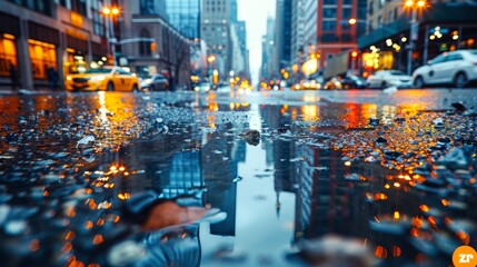 City Street With Puddle of Water - obrazy, fototapety, plakaty
