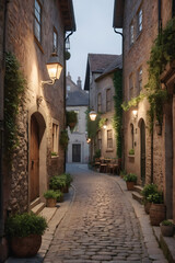 Fototapeta na wymiar A Timeless Walkway: Step back in time with this charming alley in a historic town, brimming with architectural details and a cozy atmosphere. generative AI