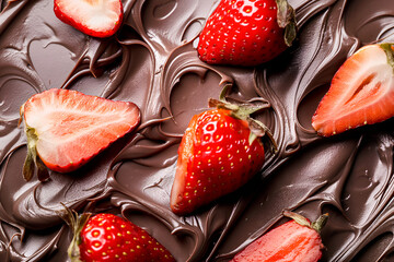 Delicious Melted Chocolate And Strawberries Top View, Desert Fruit Food Photography, Food Menu Style Photo Image
