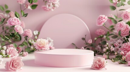 Background with podium and flower rose. Floral summer background podium. Generated by artificial intelligence.