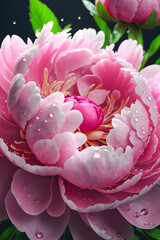 Morning Dew Delight: A vibrant pink peony, adorned with glistening dewdrops, radiates a burst of freshness and youthful vitality. generative AI