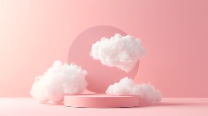 A podium with clouds floating above it. The background is light color, a soft and gentle atmosphere. Ensure that there should be no shadows at all. Generated by artificial intelligence.