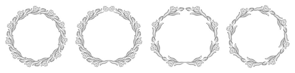 Collection of floral frames with silhouettes of branches, leaves and flowers. Hand drawn elegant delicate botanical borders and wreaths. Vector isolated elements for wedding invitation, card, logo