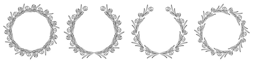 Collection of floral frames with silhouettes of branches, leaves and flowers. Hand drawn elegant delicate botanical borders and wreaths. Vector isolated elements for wedding invitation, card, logo