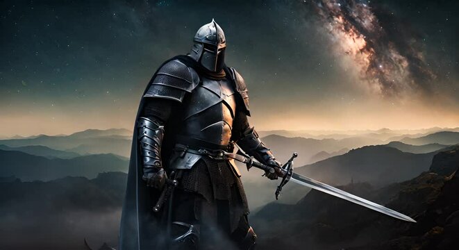 An intimidating crusader stands resolutely against a starry night sky holding his longsword offensively before him Fantasy art