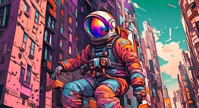 Animation of psychedelic sketch cartoon astronaut in the city Crazy colorful background