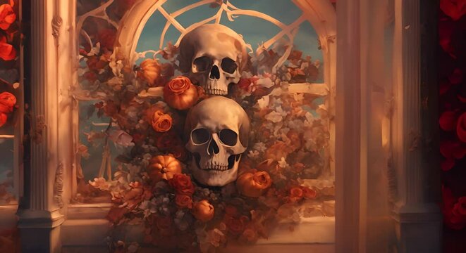 Animation of surreal painting of skulls and skeletons in romantic drawings Digital image painted manipulation Halloween videoloop impressionism style