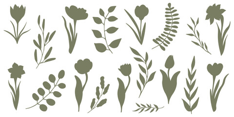Set of elegant silhouettes of flowers, branches and leaves. Thin hand drawn vector botanical elements	
 - obrazy, fototapety, plakaty