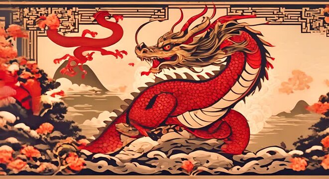 Eastern dragon in asian illustration style Traditional Asian dragon in japanese retro style Bright animation with illustrations transformations video