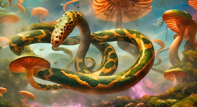 Motion animation of surreal painting of snakes and mushrooms Digital image painted manipulation impressionism style