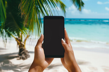 Close up Female Hands Using Smartphone on Tropical Beach