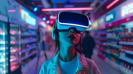 Immersive Futuristic Shopping: A Client's Virtual Journey Through an Innovative Online Store - obrazy, fototapety, plakaty