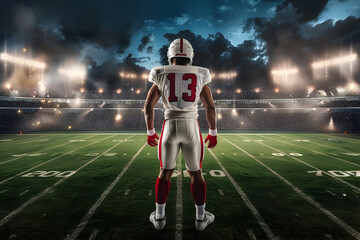Football Player Poised for Victory on Lushly Illuminated Turf
