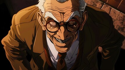 Wicked Grin of an Elderly Anime Villain Portending Impending Doom - obrazy, fototapety, plakaty