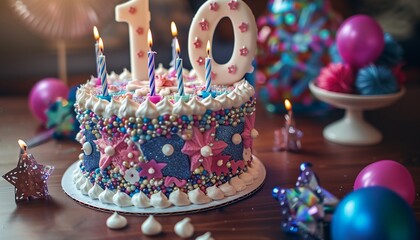 a beautiful birthday cake on the table with the big-sized number "10" written on top of the cake and burning candles around it with birthday decorations in the background slightly - Powered by Adobe