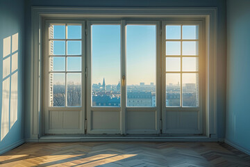 Fototapeta premium A modern minimalist apartment window with beautiful city view