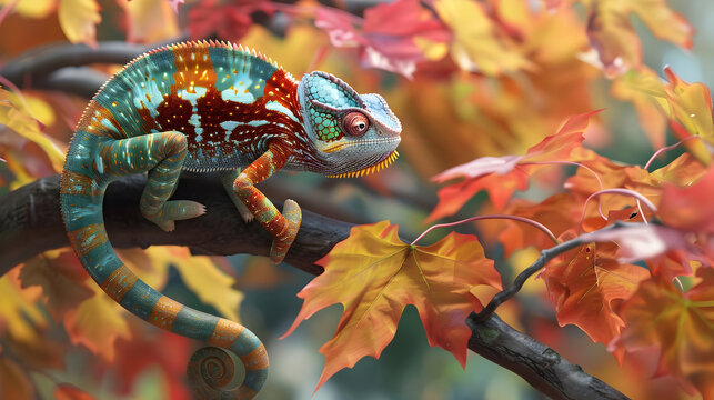 Autumn's Transformation: A Chameleon's Kaleidoscope of Colors on a Maple Tree