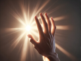 Grasping for Greatness: A hand reaches skyward, bathed in light, symbolizing the yearning for something more. generative AI - obrazy, fototapety, plakaty